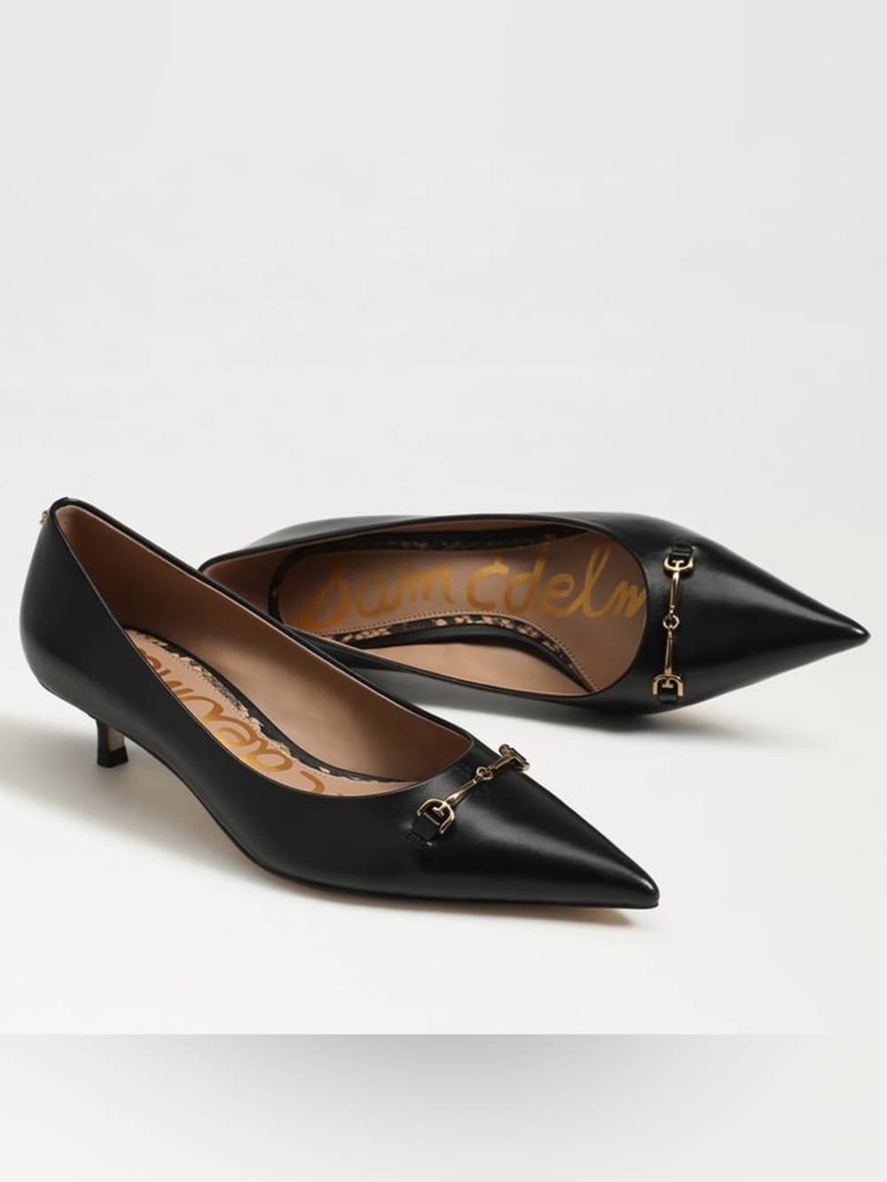 Sam Edelman Black Pointed Toe Kitten Heel Pumps with Gold Hardware